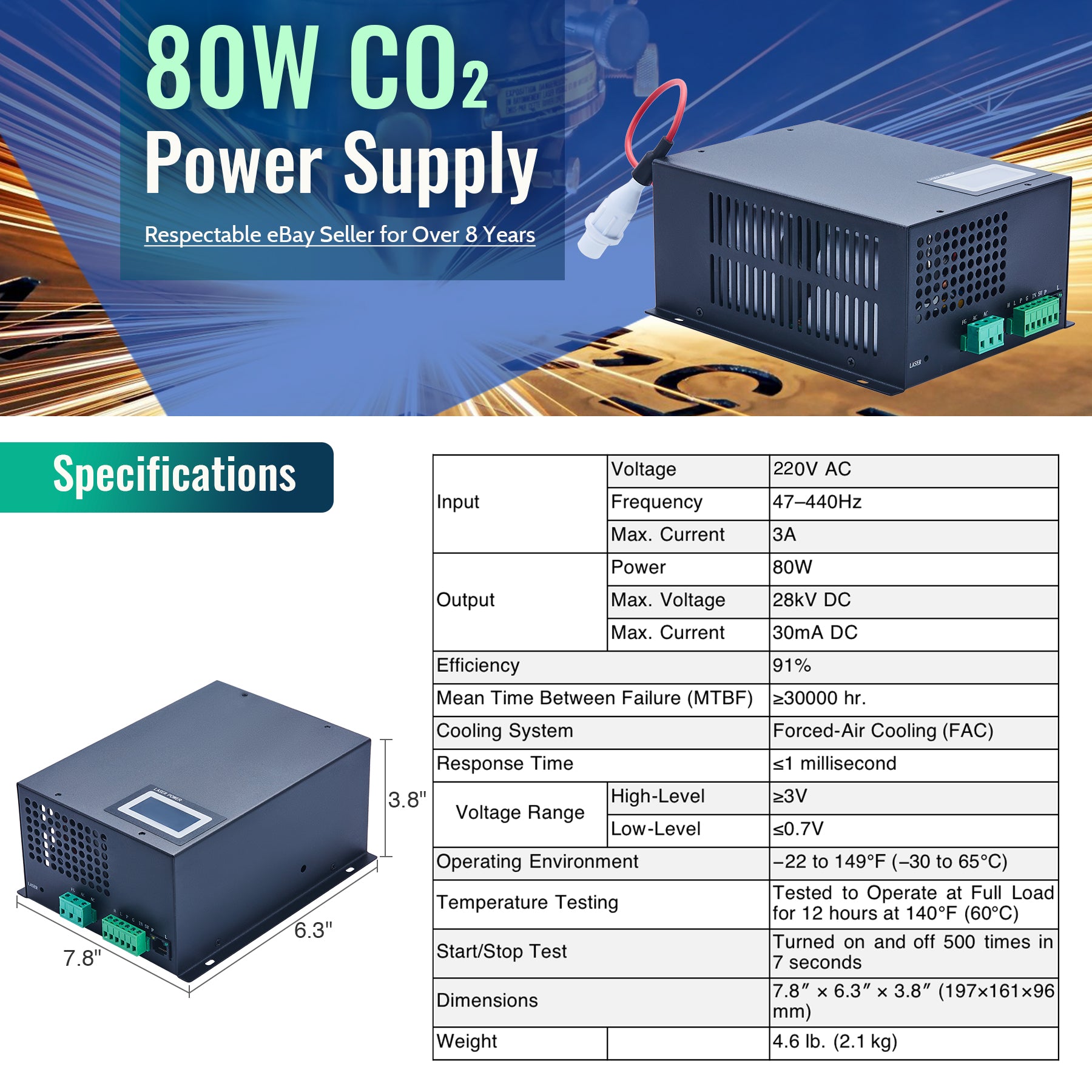 80W Laser Power Supply for CO2 Laser Engraver Cutting Machine | LN-80