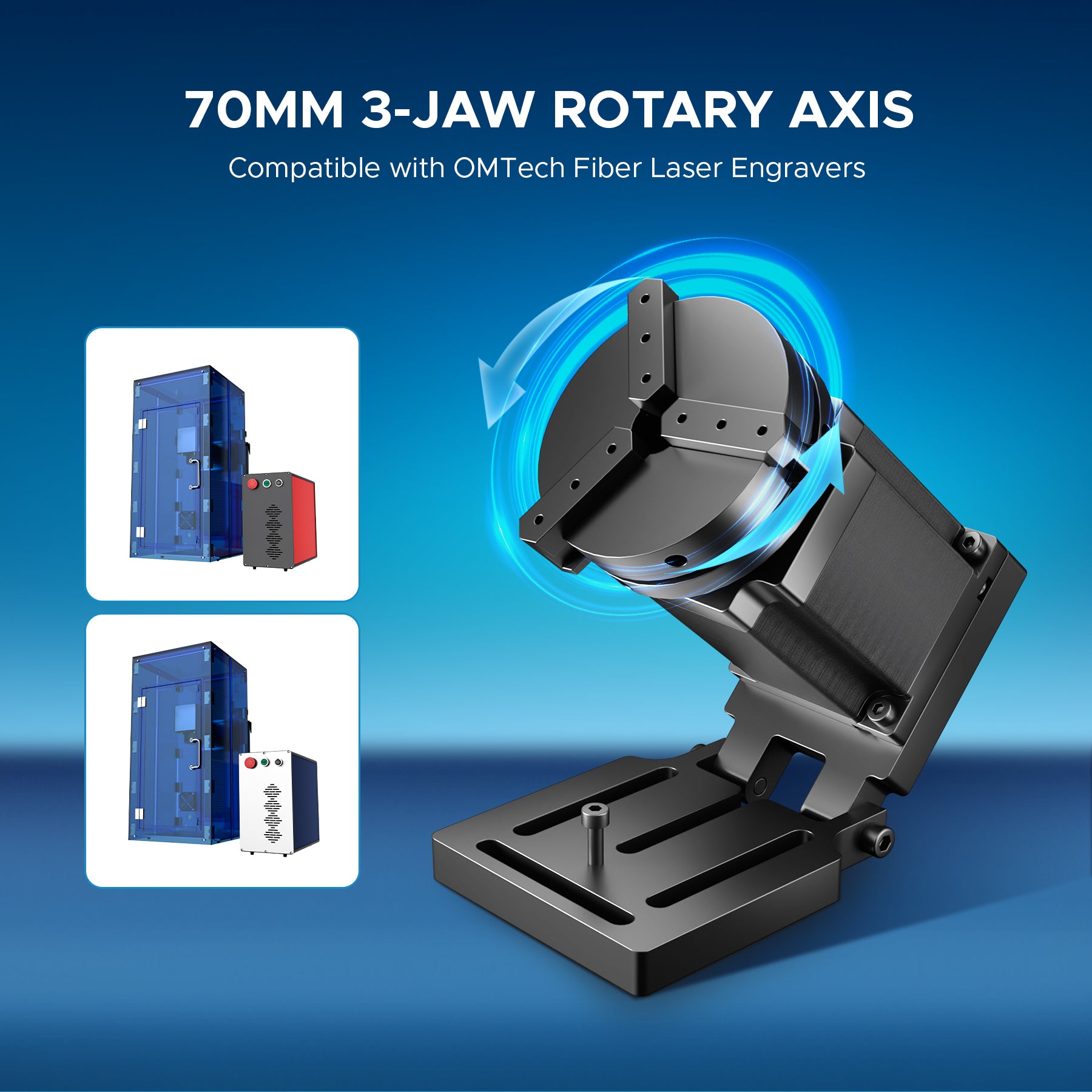 70mm Rotary Axis Attachment for MOPA and Fiber Laser Engraver with 3 Jaw Rotary Chuck | LRA-MN70